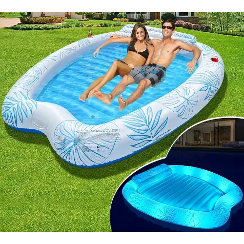 Inflatable Tanning Pool Lounger Float, Solar Powered Large Inflatable Tanning Bed Float with Colorful Light, Sunbathing Pool Tanning Floats for Adult with Cup Holder, Suntan Tub Pool Floats