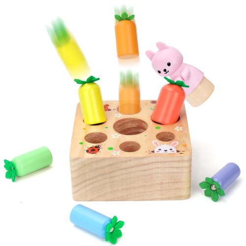 Educational Toy for 1-2 Year Old Boys & Girls Magnetic Wooden Carrot Puzzle – Montessori Baby Toy with Bunny & Spring-Powered Pop-Up Carrots for Toddlers 12-36 Months