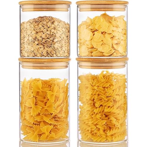 32oz & 21oz - 4 Pack Glass Jars with Bamboo Lids, Glass Pantry Storage Containers with Airtight Lids, Round Air Tigh Food Storage Canisters for Cereal, Pasta, Flour, Sugar, Best for Kitchen Organizer