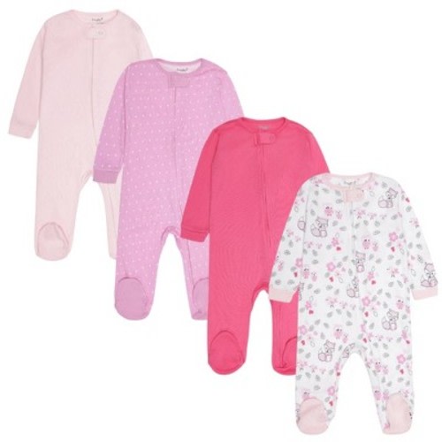 Everyday Kids 4-Pack Baby Girl Sleepers with Zippers – Soft Cotton Footed Pajamas in Pink Solids, Polka Dots, and Woodland Animals