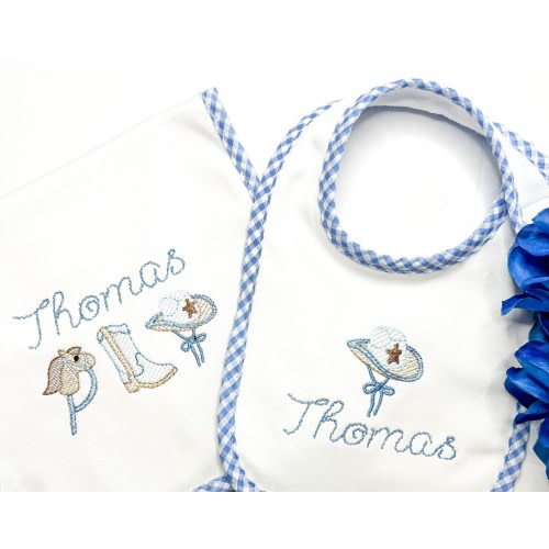 Gingham Bib and Burp Set, cowboy baby gift, personalized bib, western gift for baby, personalized baby shower gift