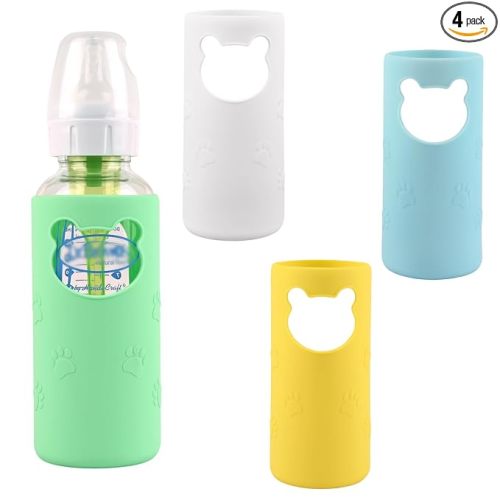 4 Pack Silicone Sleeves for Dr Brown's Glass Baby Bottles, Anti Breakage Baby Bottle Holder, Compatible Dr. Brown's Natural Narrow Glass Baby Bottles 8 oz, BPA Free (White+Blue+Green+Yellow)