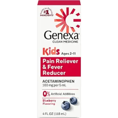 Genexa Children's Acetaminophen Made Clean, Fever Reducer for Kids, 4 fl oz | Pediatrician Preferred Ingredients, Dye Free, 0% Artificial Additives, Pain & Fever Reducer, 160mg/5mL, Ages 2-11, Blueberry