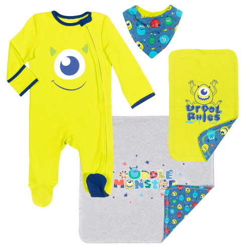 Disney Pixar Monsters Inc. Mike Zip Up Sleep N' Play Bib Blanket and Burp Cloth 4 Piece Outfit Set Newborn