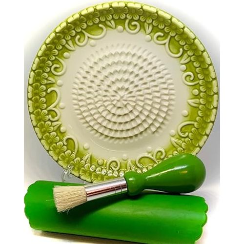 All-in-one Premium Ceramic Garlic Grater Plate 4-Piece Set - Green Embossed Design and Style - For Garlic, Ginger, Chocolate, and more! - Comes with 5.25" Plate, Peeler, Brush, and Stand