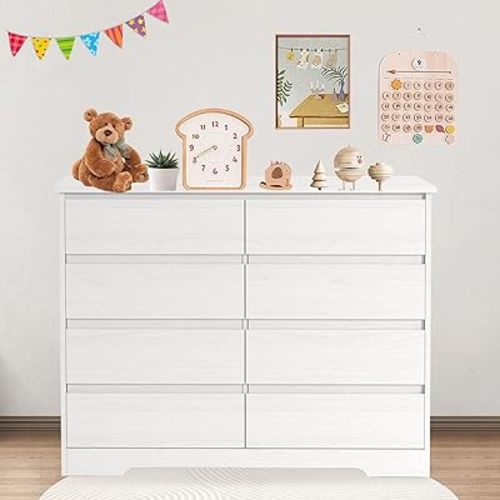 White 8 Drawer Chest of Drawers for Bedroom, Wide Chest of Drawers No Handles, Wood Storage Cabinet for Living Room, Hallway, Entryway
