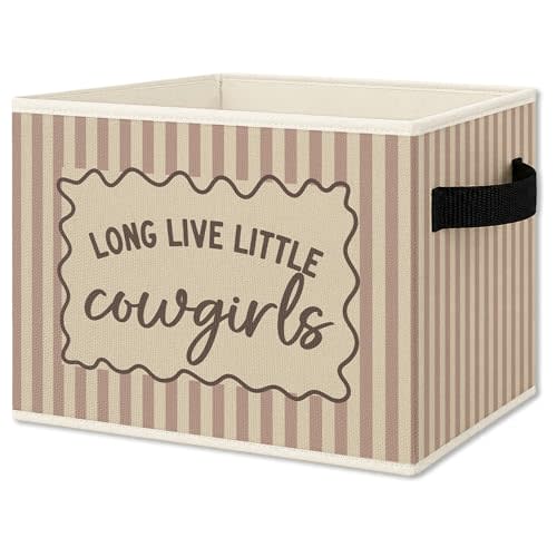 Western Cowgirl Nursery Foldable Storage Bins Box with Handles, Long Live Little Cowgirls Pink Striped Collapsible Organizer Basket for Girls Room Bedroom Bathroom Clothes Books
