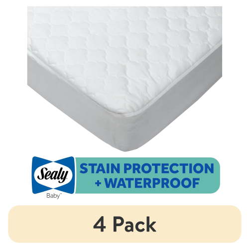 (4 pack) Sealy Total Stain Protection Waterproof Fitted White Crib Mattress Pad, Crib/Toddler Bed Protector, 52" L x 28" W