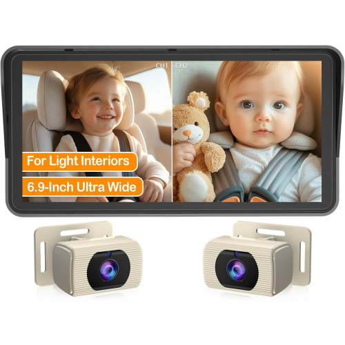 2-Kids Baby Car Camera for Seat: 6.9" Split Screen Display with 2 Cameras - HD 1080P, Night Vision, Easy to Install Rear Facing Baby Car Mirror (White)