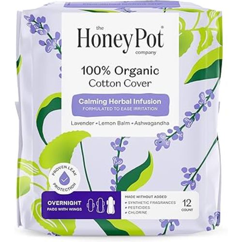 Honey Pot 100% Organic Cotton Cover Calming Herbal Infusion Overnight Pads, 12 Count