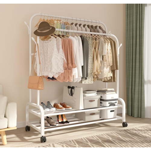 Fybee Heavy Duty Rolling Clothing Rack, Adjustable Double Rod Garment Organizer with 2 Shelves & Hooks, Mobile Wardrobe for Bedroom/Closet, White