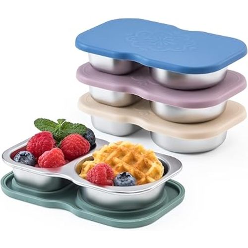 VITEVER 4 Pack Stainless Steel 2-Compartment Snack Containers with Lids, Reusable Snack Pack Containers, Lunch Box Accessories,Double Compartment Salad Dressing Containers to Go, 5.3oz