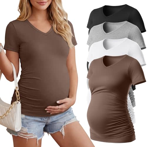 Huukeay 4 Pack Women's Maternity Shirts, V Neck Maternity Top Short Sleeve Casual Tee Side Ruched Pregnancy Clothes