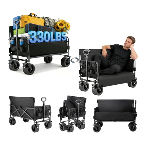 Wagon Foldable Cart Convert to Bench, Collapsible Heavy Duty Cart with Wheels, All Terrain Camping, Utility Grocery Wagon for Beach, Shopping, Garden, Sports and Fishing (LY008-BLACK)