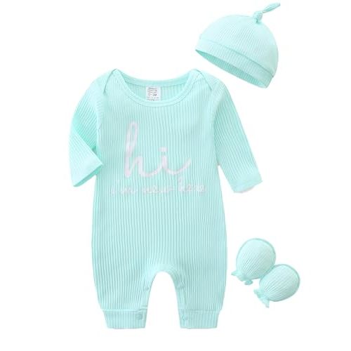 Babymine Newborn Unisex Baby Clothes 0-3 Months,Long Sleeve Onesie Infant Coming Home Outfits Romper with Mittens & Hat
