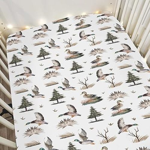 Vintage Mallard Ducks Trees Baby Crib Sheets for Boy Girl 28"x52" Duck Hunting Season Soft Snug Fitted Crib Mattress Covers Wild Ducks Animals Nursery Baby Sheet Fits Crib & Toddler Bed Mattresses