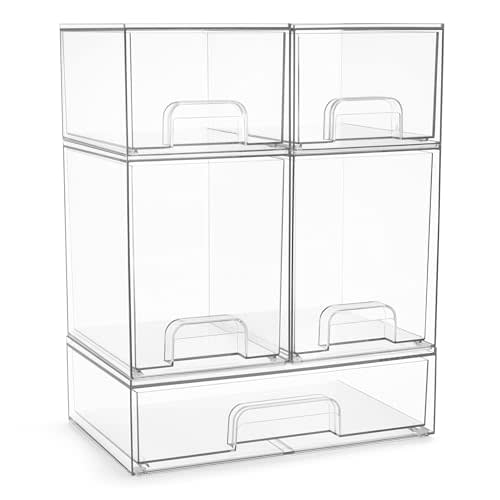 Sorbus Acrylic Storage Containers - 5 Pack, Stackable Storage Bins Set for Bathroom Organization - Clear Acrylic Drawer Organizers - Makeup Case Pull-Out Drawers (7.6 and 4.4 Tall and 12.1 Wide)