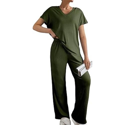 SHEWIN Women's Pajama Sets Long Sleeve Short Sleeve 2 Piece Lounge Sets Ribbed Knit Sweater Sleepwear