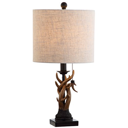 JONATHAN Y 20.5" Brown Rustic Antler Table Lamp for Bedroom Farmhouse Decor, Mini Faux Antler Desk Lamp with Gray Linen Shade, Lodge Cabin Nightstand Lamp, LED Bulb JYL1031A