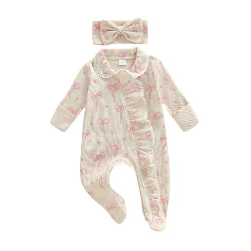 BemeyourBBs Preemie Baby Girl Spring Summer Fall Winter Clothes Baby Girl Newborn Hospital Going Home Outfit Ruffled Footed Romper Collar Long Sleeve Bow Zipper Footie Jumpsuit with Headband