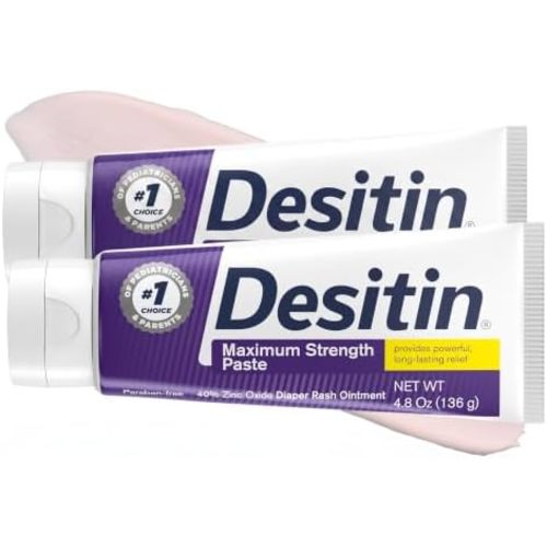 Desitin Maximum Strength Baby Diaper Rash Cream, 40% Zinc Oxide for Treatment, Relief & Prevention, Hypoallergenic, Phthalate- & Paraben-Free Paste, Protects Skin for 12 Hours, 4.8 oz (Pack of 2)