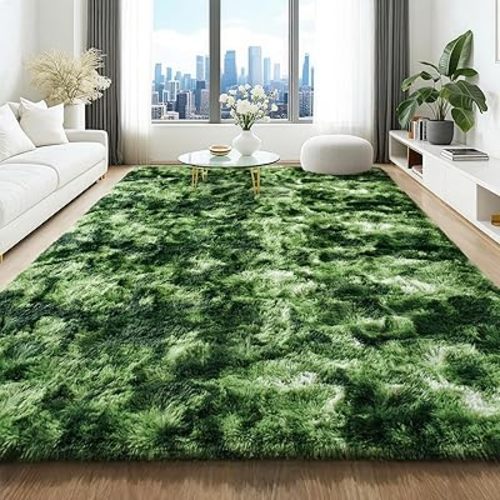 6x9 Large Area Rugs for Living Room, Tie-Dyed Forest Moss Green Ultra Soft Fluffy Washable Non-Slip Rug, Plush Shaggy Modern Indoor Carpet for Kids Girls Boys Dorms Nursery Bedroom Home Decor