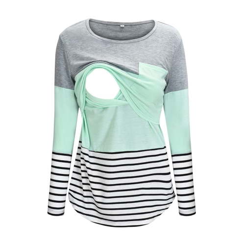 Women's Nursing Top Maternity Shirts for Breastfeeding Soft Double Layer Shirts Maternity Round Neck Stripe Patchwork Long Sleeve Breast Feeding Pregnant Woman Nursing Blouse Tops T-Shirt