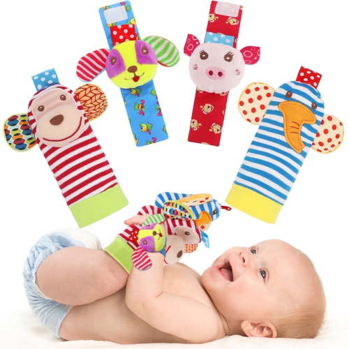 Bloobloomax Infant Plush Velcro Wrist Rattles Foot Finder Sock Baby Toy (4 pcs-B)