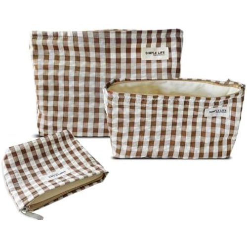 HAPPYHEIDI Nylon Checkered Makeup Bag Set 3 with Pocket Cosmetic Toiletry Travel Pouch, Small Accessory Organizer Bag, 3-Size, Brown, Large Medium Small, Lined, Lightweght