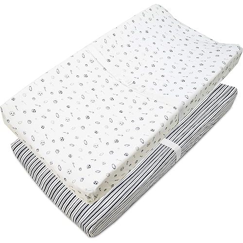 American Baby Company 2 Pack Printed 100% Cotton Knit Fitted Contoured Changing Table Pad Cover - Compatible with Mika Micky Bassinet, Gray Stripes and Sports, for Boys and Girls