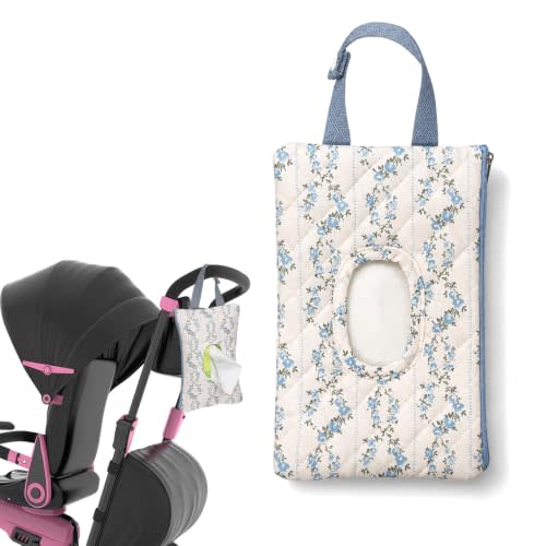 Quilted Diaper Wipe Pouch Hanging Floral Wet Wipes Bag Reusable Fabric Cover with Zipper & Lanyard for Car Daily Casual Travel Mommy Bag (Blue Floral Pattern)
