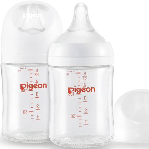 Pigeon Glass Nursing Bottle Wide Neck, Anti-Colic, Streamlined Body, Natural Feel, Easy to Clean, Heat-Resistant, 5.4 Oz (Pack of 2), Includes 2pcs SS Nipples (0m+)