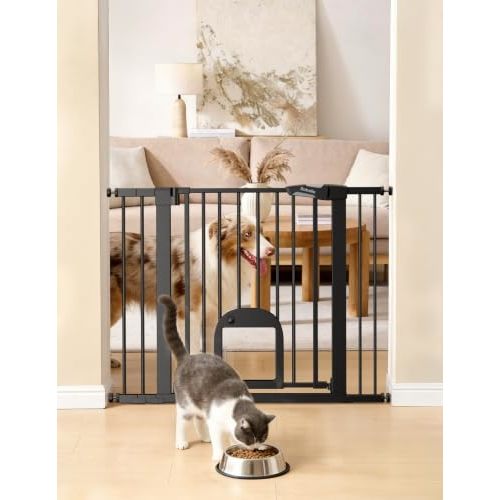 Babelio Dog Gate with Adjustable Cat Door, CatPrivilege III, 29-43", Black | Pressure Mounted Pet Gate for Doorways and Halls, Auto-Close, Easy Walk-Through Access, Triple Lock