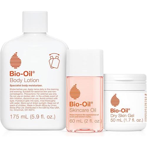 Bio-Oil Skincare Set, Trial Kit for Scars, Stretchmarks, and Dry Skin, 3 Pc Travel Size Kit Includes Skin Care Oil, Dry Skin Gel, and Body Lotion, use for Scars, Pregnancy Stretch Marks, and Dry Skin