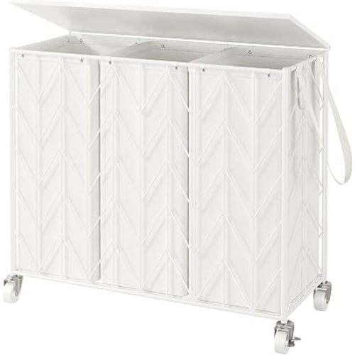 WOWLIVE Laundry Basket with Wheels, 142L Laundry Hamper 3 Section with Lid, Dirty Clothes Hamper with Removable Bags, Large Capacity Iron-Made Laundry Basket Organizer Laundry Sorter for Dorm, White