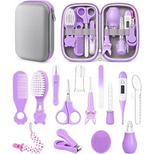 YASEW Baby Grooming Kit, Storage Bag, Newborn Essentials, Gift Ready Purple | Baby Comb and Brush, Nail, Hair, Nasal & Temperature Care Tools, BPA-Free, Travel Ready, for Girls & Boys