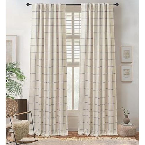 DriftAway 2 Panels 100% Blackout Windowpane Plaid Linen Curtains Double Layer Drapes for Bedroom 108 Inches Long Farmhouse Thermal Insulated 3.25 Inch Rod Pocket Back Tab for Living Room Navy Blue
