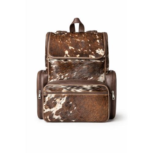 Handmade Genuine Cowhide Backpack | Brown & White Spotted Leather Backpack | Large Western Rucksack with Pockets.