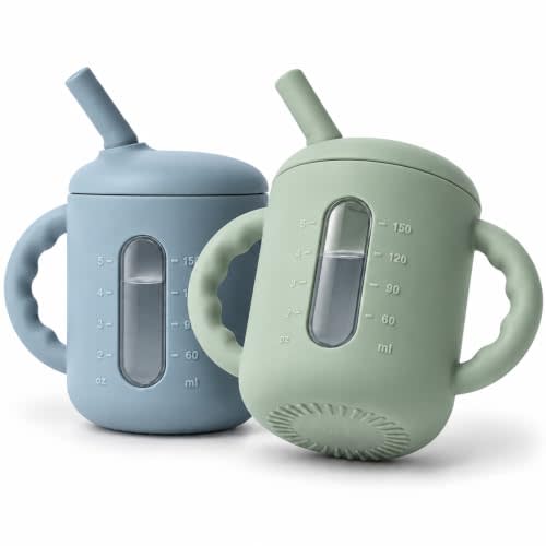 Seposeve 2 Pack Silicone Sippy Cups for Babies 6+ Months, 6 oz Straw Training Cups with Handles, Leak-Resistant Bite-to-Sip Valve, Liquid Level Window, BPA-Free, Green Blue