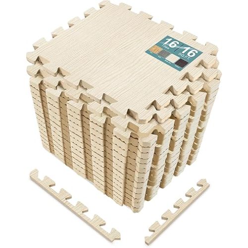 Sorbus Wood Grain Floor Mats Foam Interlocking Mats Each Tile 1 Square Foot 3/8-Inch Thick Flooring Wood Mat Tiles - Home Office Playroom Basement Trade Show (16 Tiles,16 Sq ft - Light Pine)