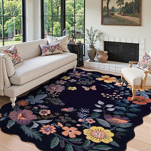 Lahome Floral Washable Rugs for Living Room, 5x7 Area Rugs Ultra-Thin Soft Rug, Non-Slip Bedroom Rug Stain Resistant Lightweight Boho Low-Pile Throw Carpet for ‎Dining Room Office (5x7ft,Purple)