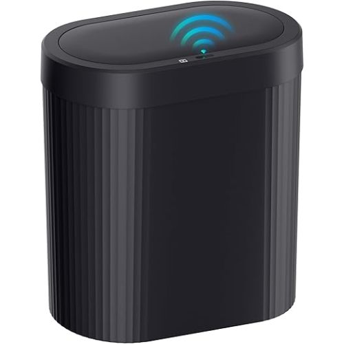 5 Gallon Bathroom Trash Can with Lid, Automatic Motion Sensor Black Trash Can, Touchless Slim Waterproof Garbage Bin for Kitchen, Bedroom, Office, and Bathroom