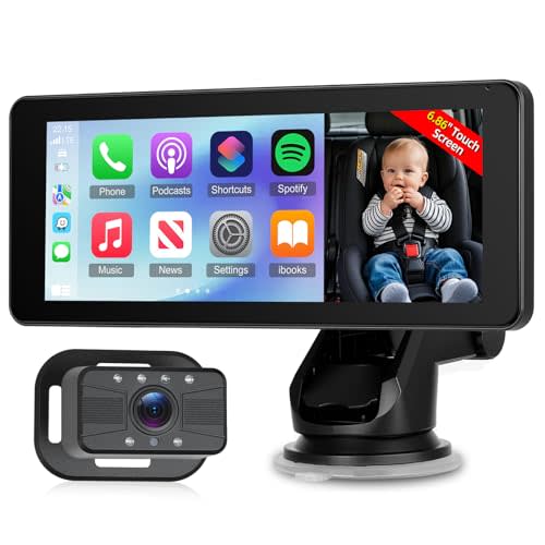 6.86 Inch Carplay Screen for Baby Monitor - 1080P Portable Car Stereo with Baby Car Camera/Wireless CarPlay/Android Auto/Night Vision/150° Wide Angle/AirPlay/GPS Navigation + 64G Card, Easy to Install