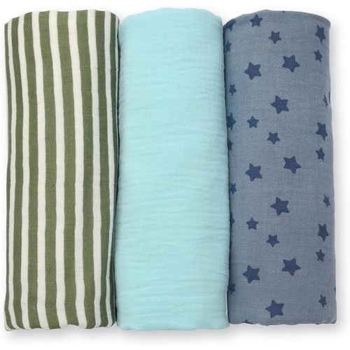 Fruit of the Loom Baby Collection - Cotton Muslin Swaddle & Receiving Blankets for Infants - 3-Pack - Star