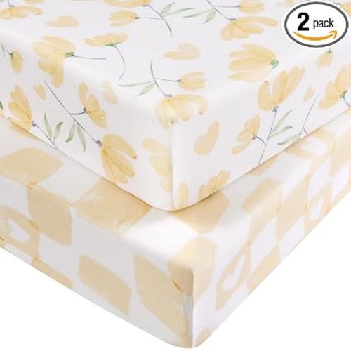 Baby Crib Sheets for Boys and Girls, Fitted Crib Sheets 52" x 28", Soft Breathable Microfiber Sheets for Standard Crib and Toddler Mattress, 2-Pack Yellow Flowers