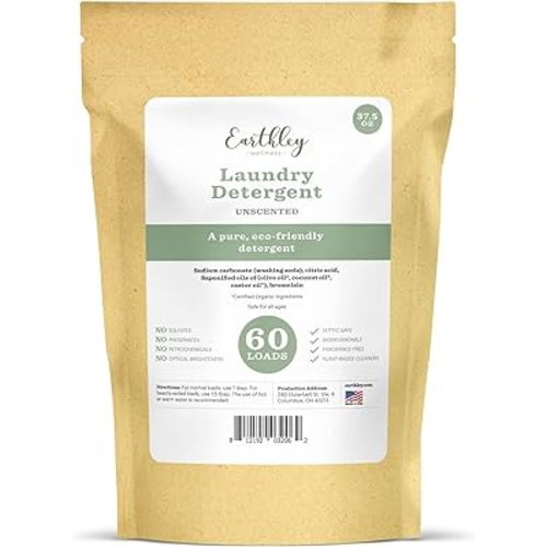 Earthley Wellness Laundry Detergent, Natural, Gentle & Effective for Sensitive Skin, Safe for Baby Clothes & Cloth Diapers, Biodegradable, Eco-Friendly, Plant-Based Cleaners (60 Loads, Unscented)