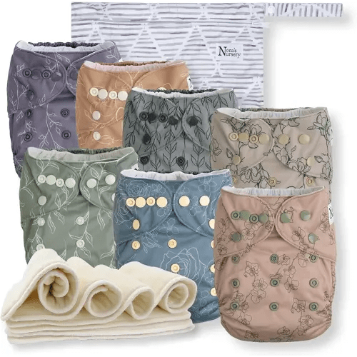 Nora's Nursery Cloth Diapers 7 Pack with 7 Inserts & 1 Wet Bag - Waterproof Cover, Washable, Reusable & One Size Adjustable Pocket Diapers for Newborns and Toddlers - Modern Blooms