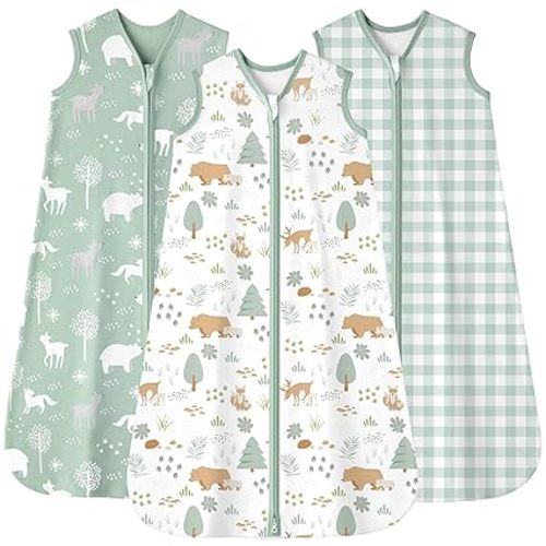 Baby Sleep Sack 0-6 months, 100% Cotton Sleeping Sack for Newborn and Infant, 3 Pack Baby Wearable Blanket, 0.5 Tog Lightweight Double Zipper Sleep Bag Small Green Forest Bear