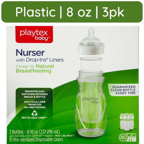 Playtex Baby Nurser Clear Anti-Colic Baby Bottle 3 Pack Each, 8 oz with 15 Drop-ins Liners