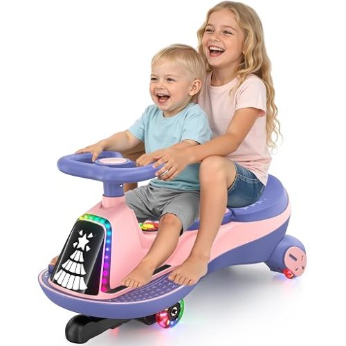ANPABO 12V Electric Wiggle Car for Kids, 2 Seater, 2x75W Motor, Pink